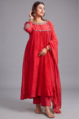 Red Mul Cotton Pleated Embroidery Anarkali Kurta Set