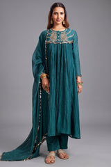 Teal Green Mul Cotton Sequin Embroidered Anarkali Set