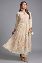 Ivory White Mul Cotton Floral Motif Flared Anarakli Set