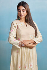 Ivory White Mul Cotton Floral Motif Flared Anarakli Set