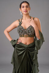 Dark Olive Green Net Hand-Embellished Bustier Draped Skirt Set with Cascading Ruffled Dupatta