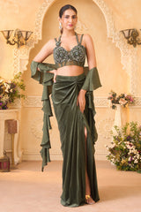 Dark Olive Green Net Hand-Embellished Bustier Draped Skirt Set with Cascading Ruffled Dupatta