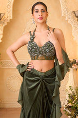 Dark Olive Green Net Hand-Embellished Bustier Draped Skirt Set with Cascading Ruffled Dupatta