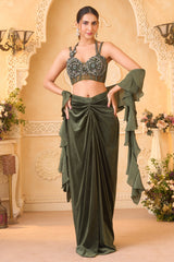 Dark Olive Green Net Hand-Embellished Bustier Draped Skirt Set with Cascading Ruffled Dupatta