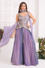 Lavender Tissue Silk Sequin Embroidered Palazzo Suit