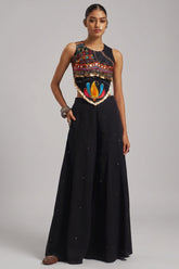 Black Georgette Mirror Embroidery Work Co-Ord Set with Shells