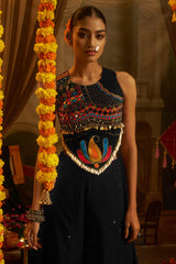 Black Georgette Mirror Embroidery Work Co-Ord Set with Shells