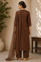 Earthy Brown Pin Tucked Cotton Straight Cut Suit