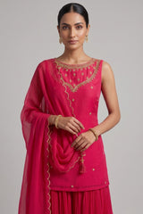 Magenta Pink Georgette Sharara Set with Embellished Yoke