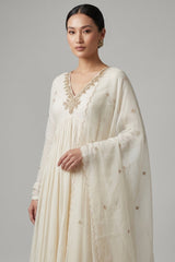 Off White Gold Embroidered Cotton Anarkali Suit