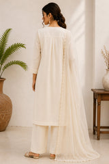 White Cotton Suit with Intricate Threadwork Embroidery