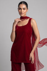 Wine Maroon Velvet Sharara Suit with Beaded Scarf Dupatta