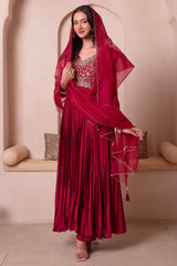 Maroon Chinon Silk Flared Embroidered Anarkali Suit