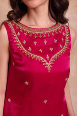 Vibrant Magenta Pink Organza Embellished Yoke Sharara Suit