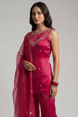 Vibrant Magenta Pink Organza Embellished Yoke Sharara Suit