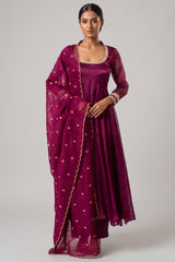 Purple Organza Flared Anarkali Suit with Scalloped Dupatta