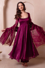 Purple Organza Flared Anarkali Suit with Scalloped Dupatta