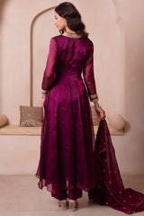 Purple Organza Flared Anarkali Suit with Scalloped Dupatta