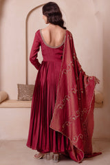 Maroon Pleated Anarkali Suit Set with Gold Embroidered Yoke
