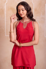 Red Crepe Embroidered Suit with Sharara & Scalloped Dupatta