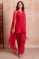 Red Crepe Embroidered Suit with Sharara & Scalloped Dupatta