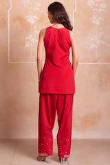 Red Crepe Embroidered Suit with Sharara & Scalloped Dupatta
