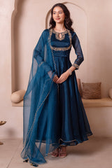 Peacock Blue Organza Keyhole Anarkali Suit