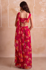 Pink Floral Chiffon Draped Suit with Embroidered Top