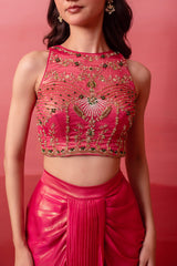 Fuchsia Pink Crepe Draped Set with Embroidered Crop Top & Cape