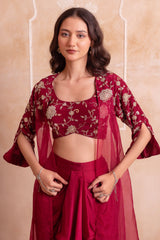 Wine Maroon Satin Draped Dhoti Set with Zari Crop Top & Embroidered Cape