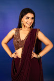 Purple Georgette Crepe Pre Draped Saree with Metallic Work Blouse