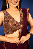 Purple Georgette Crepe Pre Draped Saree with Metallic Work Blouse