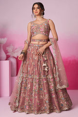 Rose Pink Net Embroidered and Sequin Beaded Lehenga