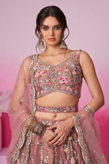 Rose Pink Net Embroidered and Sequin Beaded Lehenga