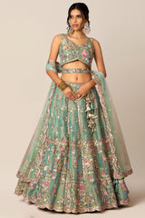 Sea Green Net Sequin and Beads Work Lehenga