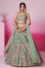 Sea Green Net Sequin and Beads Work Lehenga