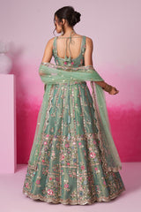 Sea Green Net Sequin and Beads Work Lehenga
