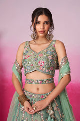 Sea Green Net Sequin and Beads Work Lehenga
