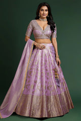 Lavender Tissue Floral Zari Weave and V Neckline Lehenga