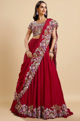 Red Satin Crepe Silk Flared Thread Embroidered Lehenga with Attached Dupatta