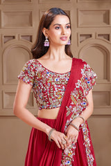 Red Satin Crepe Silk Flared Thread Embroidered Lehenga with Attached Dupatta