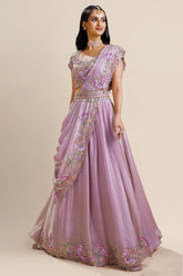 Lilac Purple Sequin Beaded Shimmer Satin Crepe Silk Lehenga with Attached Dupatta