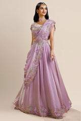 Lilac Purple Sequin Beaded Shimmer Satin Crepe Silk Lehenga with Attached Dupatta