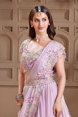 Lilac Purple Sequin Beaded Shimmer Satin Crepe Silk Lehenga with Attached Dupatta