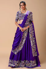 Violet Purple Satin Crepe Silk Lehenga with Attached Dupatta and Sequin Beaded Work