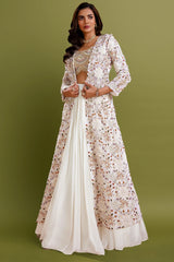 Cream Satin Crepe Silk Designer Crop Top Lehenga with Long Jacket