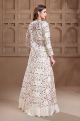 Cream Satin Crepe Silk Designer Crop Top Lehenga with Long Jacket