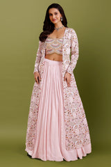 Pink Satin Crepe Silk Designer Crop Top Lehenga with Long Jacket
