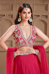 Rani Pink Crepe Silk Designer Lehenga with Deep V Wrap Neckline Blouse