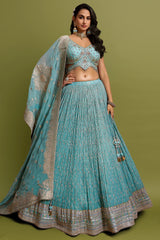 Pale Turquoise Blue Tissue Zari Embroidered and Sequin Worked Lehenga